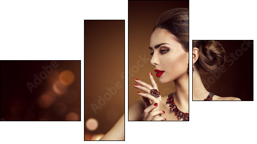 Woman Hair Bun Hairstyle, Fashion Model Beauty Makeup and Red Jewelry, Beautiful Girl Side View - Obraz czteroczęściowy, Fortyk