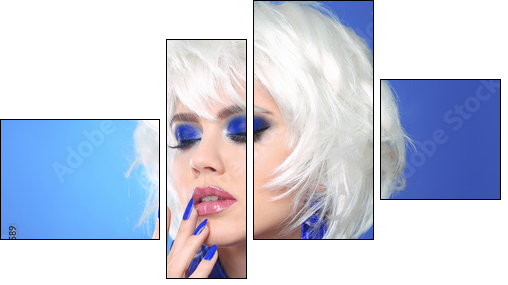 Blue makeup. Blonde bob hairstyle. Blond hair. Fashion Beauty Girl portrait. Sexy lips. Manicured nails and Make-up. Vogue Style Woman isolated on blue background. - Obraz czteroczęściowy, Fortyk