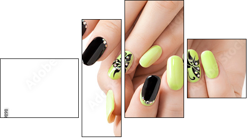 Female manicure. Black and yellow long nails. - Obraz czteroczęściowy, Fortyk