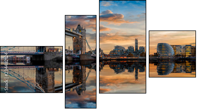 Die Skyline von London: von der Tower Bridge bis zum Tower nach Sonnenuntergang mit Reflektionen in der Themse - Obraz czteroczęściowy, Fortyk