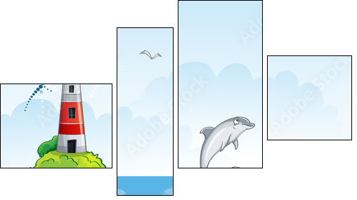 Children's illustration of the lighthouse and the sea dolphins.  - Obraz czteroczęściowy, Fortyk