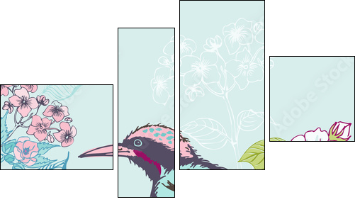 Bird with Flowers Background - for design and scrapbook - in vec  - Obraz czteroczęściowy, Fortyk