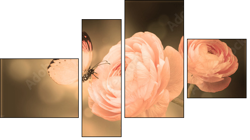 Bouquet of pink roses against a dark background  butterfly  - Obraz czteroczęściowy, Fortyk