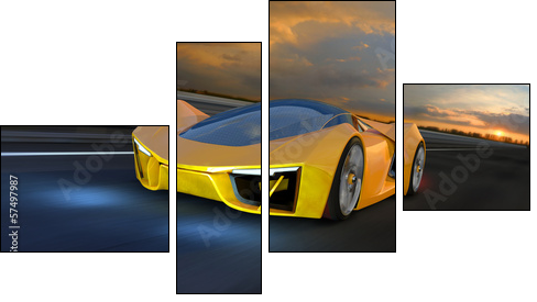 A yellow Future Fantasy Car on a Racing Track  - Obraz czteroczęściowy, Fortyk
