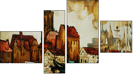 old harbour in the german city wismar, painting by oil on canvas  - Obraz czteroczęściowy, Fortyk