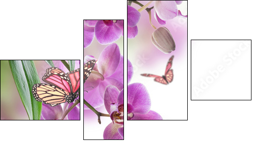 Floral background of tropical orchids and  butterfly - Obraz czteroczęściowy, Fortyk