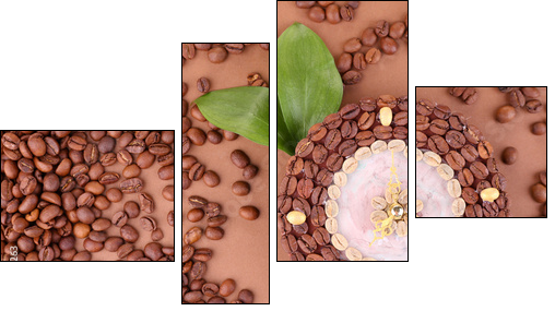 Beautiful clock of coffee beans, on brown background  - Obraz czteroczęściowy, Fortyk