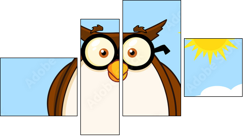 Wise Owl On Tree Cartoon Character  - Obraz czteroczęściowy, Fortyk