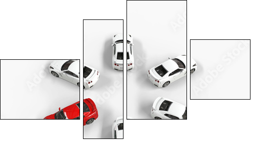 Red car among many white cars - top view  - Obraz czteroczęściowy, Fortyk