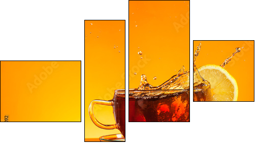 Tea splashing out of glass with orange background  - Obraz czteroczęściowy, Fortyk