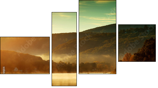 Beautiful autumn landscape, the lake in the morning fog  - Obraz czteroczęściowy, Fortyk