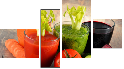 Glasses with fresh organic vegetable juices on wooden table  - Obraz czteroczęściowy, Fortyk