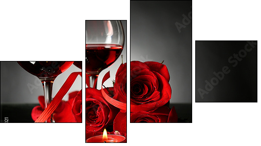 Composition with red wine in glasses, red rose and decorative  - Obraz czteroczęściowy, Fortyk