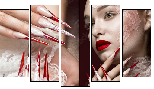 Beautiful girl with lace, red lips and long nails. Beauty face. Photos shot in studio. collage of photos - Obraz pięcioczęściowy, Pentaptyk