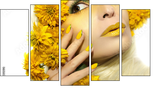 Yellow makeup and manicure with a sharp oval shape of the nails on the girl with the flowers. - Obraz pięcioczęściowy, Pentaptyk