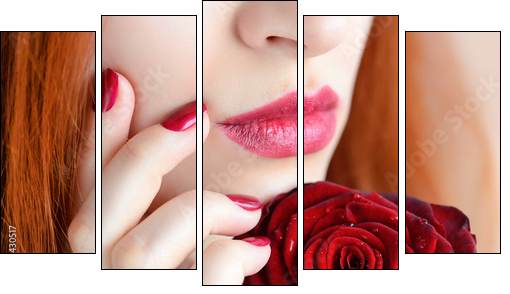 Portrait with red rose flower. Dark red lips and nails. Beautiful red-haired young woman. - Obraz pięcioczęściowy, Pentaptyk
