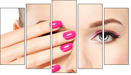 eautiful woman face with pink makeup of eyes and nails. - Obraz pięcioczęściowy, Pentaptyk