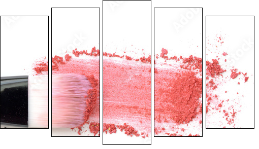 Close up of crushed blush on white background and cosmetic brush - Obraz pięcioczęściowy, Pentaptyk