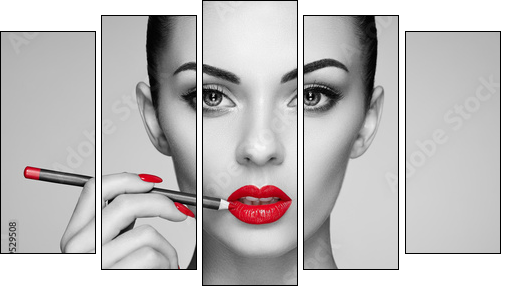 Black and white photo of woman painting lipstick. Beautiful woman face. Makeup detail. Beauty girl with perfect skin. Red lips and nails manicure - Obraz pięcioczęściowy, Pentaptyk