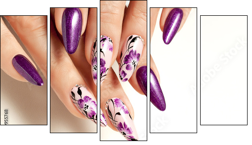 Nail art service. Female manicure and floral patterns. - Obraz pięcioczęściowy, Pentaptyk