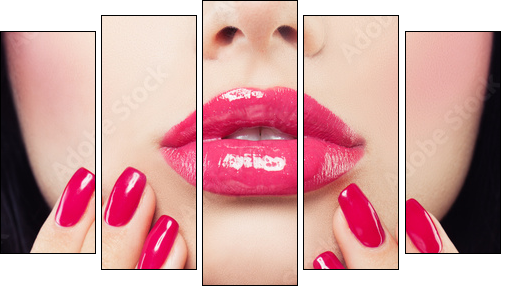 Makeup Lips with Pink Glossy Lipstick and Pink Nails. Shiny Lips and Hand with Manicure - Obraz pięcioczęściowy, Pentaptyk