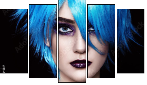 Close-up portrait of yound beautiful woman in blue cosplay wig - Obraz pięcioczęściowy, Pentaptyk