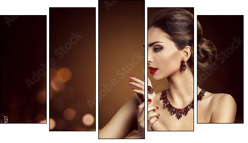 Woman Hair Bun Hairstyle, Fashion Model Beauty Makeup and Red Jewelry, Beautiful Girl Side View - Obraz pięcioczęściowy, Pentaptyk