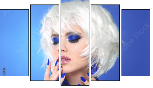 Blue makeup. Blonde bob hairstyle. Blond hair. Fashion Beauty Girl portrait. Sexy lips. Manicured nails and Make-up. Vogue Style Woman isolated on blue background. - Obraz pięcioczęściowy, Pentaptyk