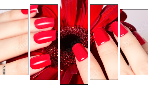 Beauty hands with red fashion manicure and bright flower. Beautiful manicured red polish on nails - Obraz pięcioczęściowy, Pentaptyk