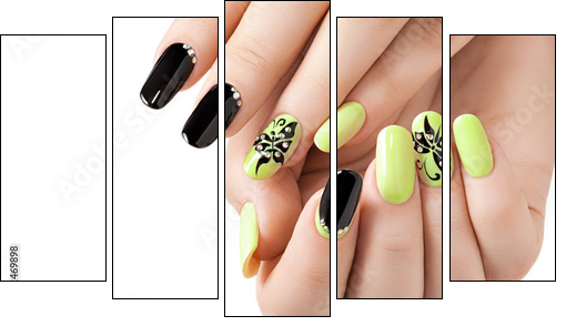 Female manicure. Black and yellow long nails. - Obraz pięcioczęściowy, Pentaptyk