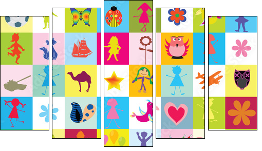 Dziecięcy świat – kolorowy collage radosnych motywów
 - Obraz pięcioczęściowy, Pentaptyk