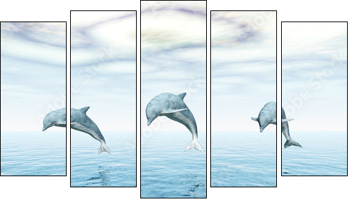 Jumping Dolphins - Springende Delfine  - Obraz pięcioczęściowy, Pentaptyk