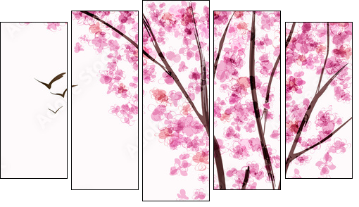 Spring blooming tree  - Obraz pięcioczęściowy, Pentaptyk