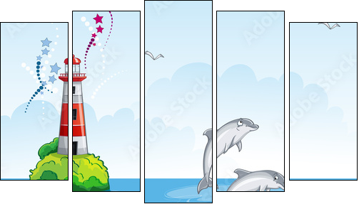 Children's illustration of the lighthouse and the sea dolphins.  - Obraz pięcioczęściowy, Pentaptyk