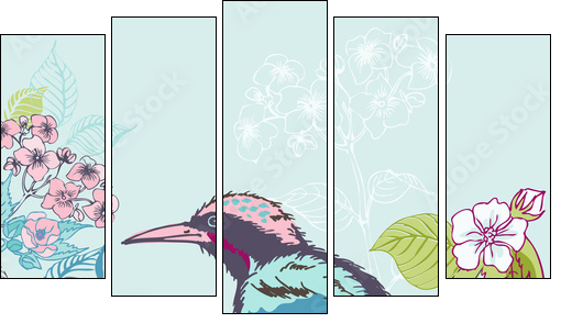 Bird with Flowers Background - for design and scrapbook - in vec  - Obraz pięcioczęściowy, Pentaptyk