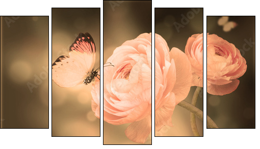 Bouquet of pink roses against a dark background  butterfly  - Obraz pięcioczęściowy, Pentaptyk