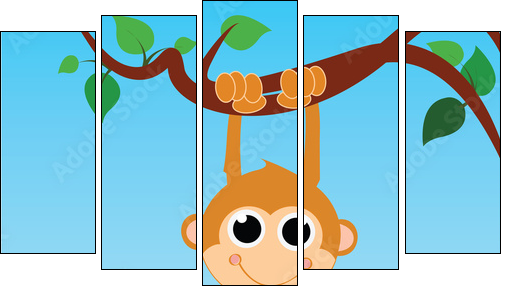 monkey hanging from a tree on abstract sky background  - Obraz pięcioczęściowy, Pentaptyk