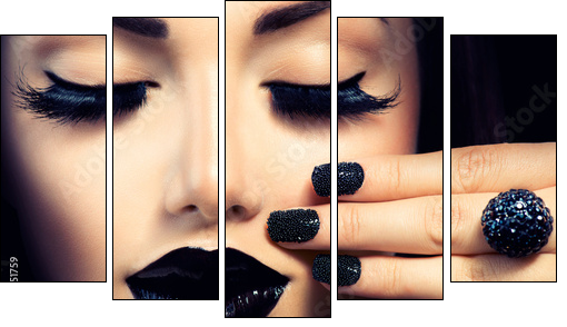 Beauty Fashion Girl with Trendy Caviar Black Manicure and Makeup  - Obraz pięcioczęściowy, Pentaptyk