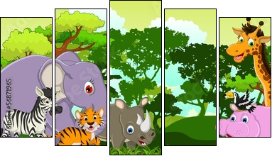 funny animal cartoon with tropical forest background  - Obraz pięcioczęściowy, Pentaptyk