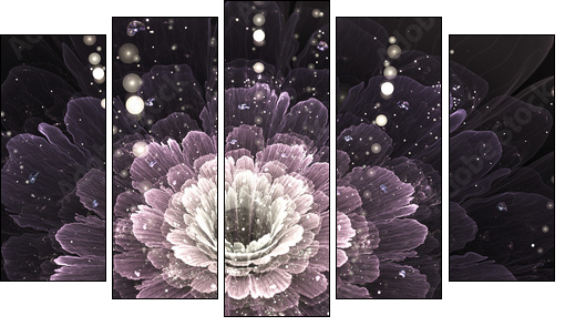 violet fractal flower with droplets of water  - Obraz pięcioczęściowy, Pentaptyk
