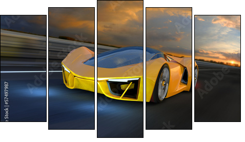 A yellow Future Fantasy Car on a Racing Track  - Obraz pięcioczęściowy, Pentaptyk