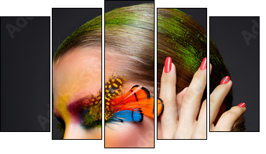 Woman with fashion feather eyelashes make-up  - Obraz pięcioczęściowy, Pentaptyk