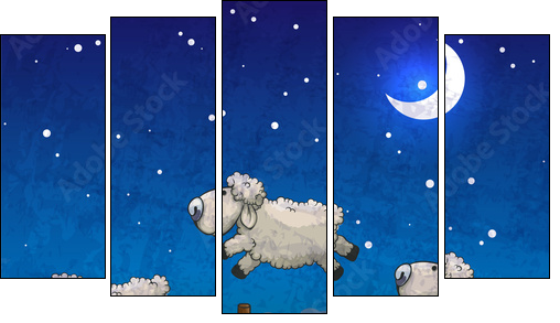 Three sheep  jumping over the fence. Count them to sleep.  - Obraz pięcioczęściowy, Pentaptyk