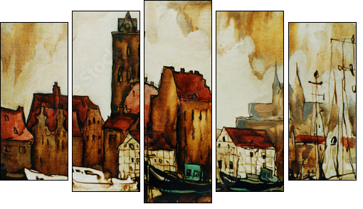 old harbour in the german city wismar, painting by oil on canvas  - Obraz pięcioczęściowy, Pentaptyk