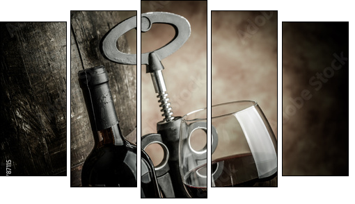 wine glass bottle and barrel  - Obraz pięcioczęściowy, Pentaptyk