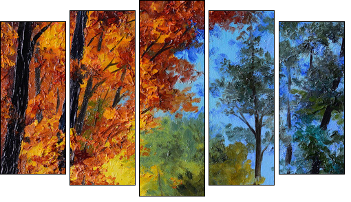 Oil Painting - autumn forest with a river  - Obraz pięcioczęściowy, Pentaptyk