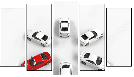 Red car among many white cars - top view  - Obraz pięcioczęściowy, Pentaptyk
