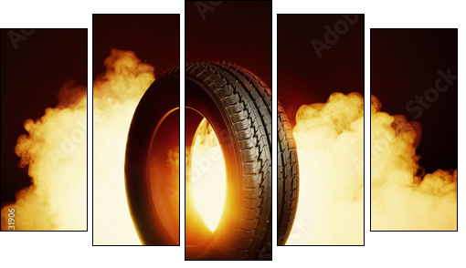 photo of black smoked burning tire  - Obraz pięcioczęściowy, Pentaptyk