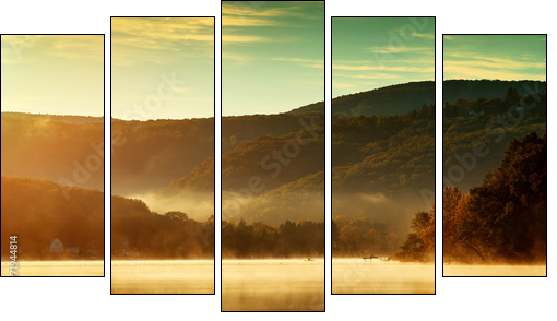 Beautiful autumn landscape, the lake in the morning fog  - Obraz pięcioczęściowy, Pentaptyk
