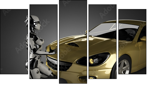 luxury brandless sport car and woman robot  - Obraz pięcioczęściowy, Pentaptyk